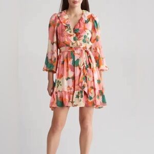 TAYLOR floral pink tie waist full arm garden dress in size 2